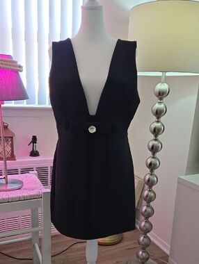 Zara Black Deep V-Neck Mini Dress with Waist Button